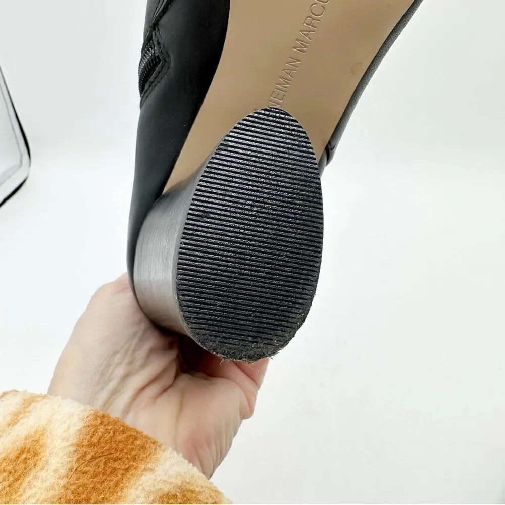 Neiman Marcus Niana‎ Almond Toe Bootie Black Leather Oval Sculptural Heel Sz 5.5